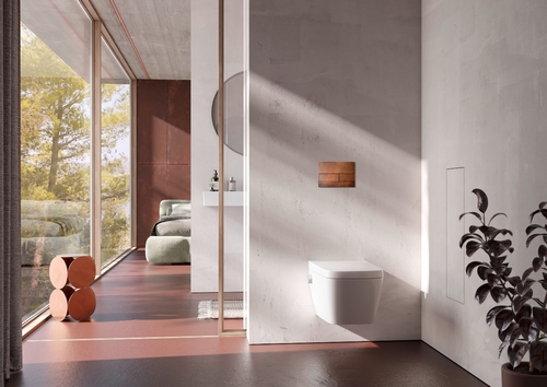 Oryginalna aranżacja łazienki na 3 sposobny: abstrakcja, znaki czasu i efekt na mur-beton